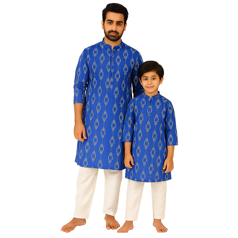 নীল প্রিন্টেড কটন পাঞ্জাবি – বাটিক ডিজাইন